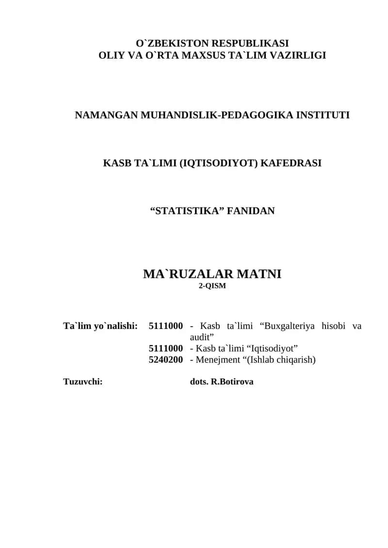 Statistika Ma`ruzalar Matni 1