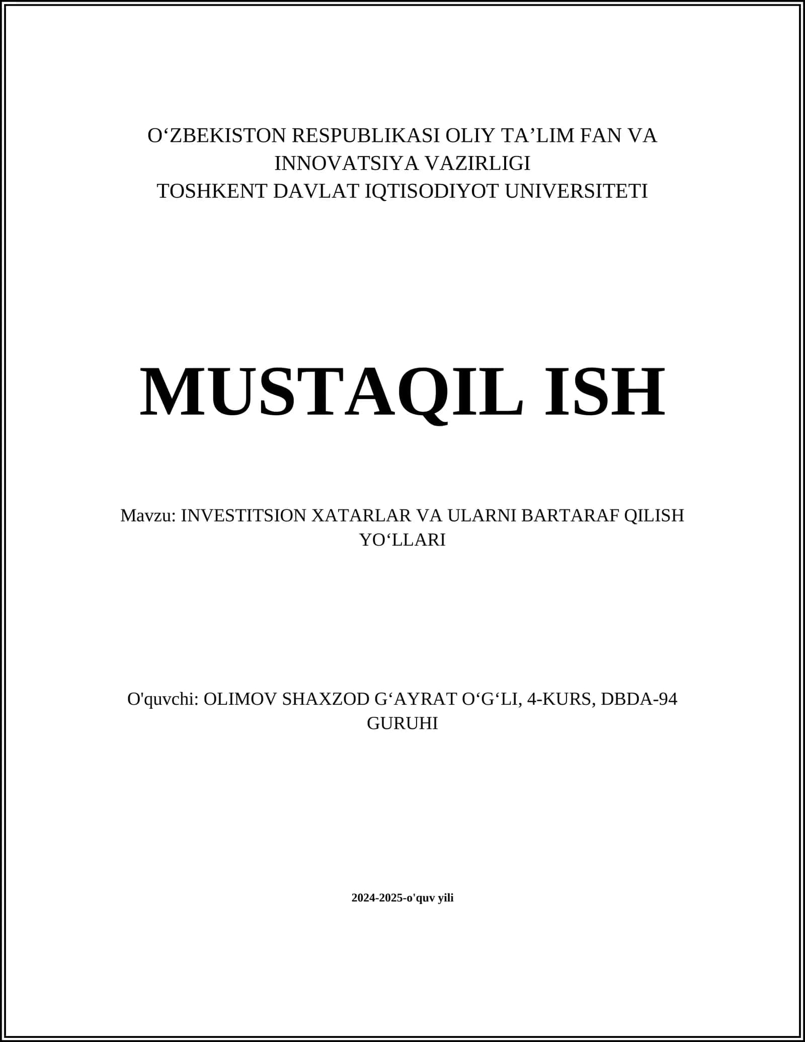 INVESTITSION XATARLAR VA ULARNI BARTARAF QILISH YOʻLLARI 1
