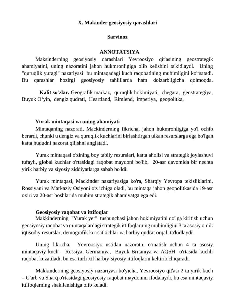Mavzu: Makinder geosiyosiy qarashlari 1