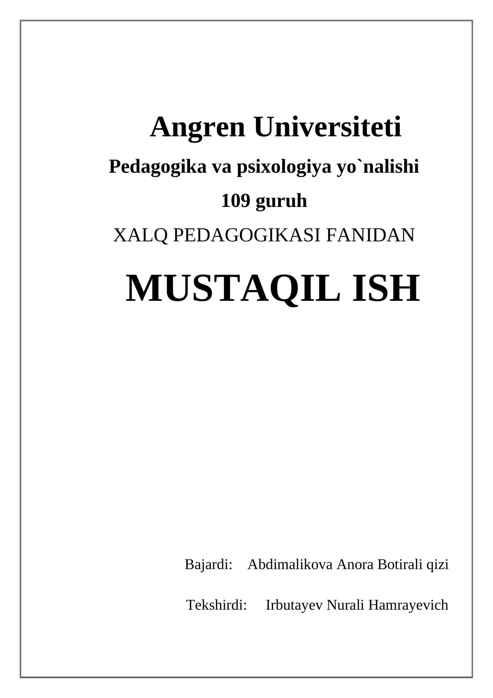 XALQ PEDAGOGIKASI FANIDAN 1