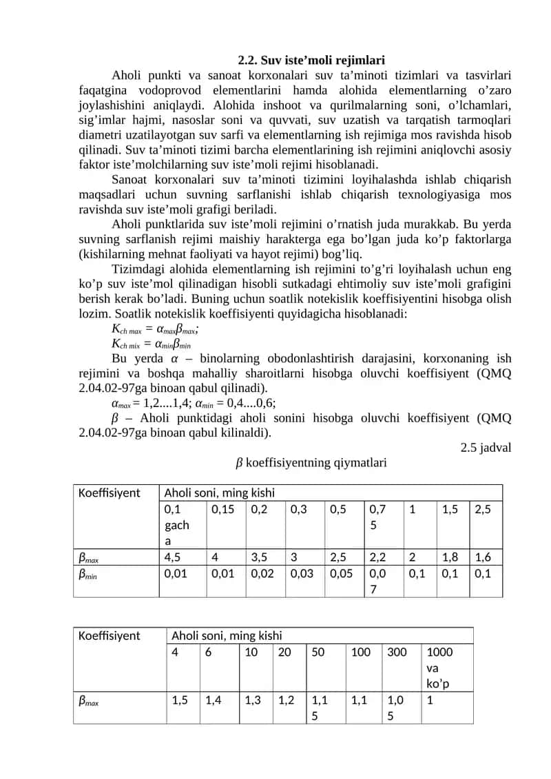 Suv iste’moli rejimlari 1