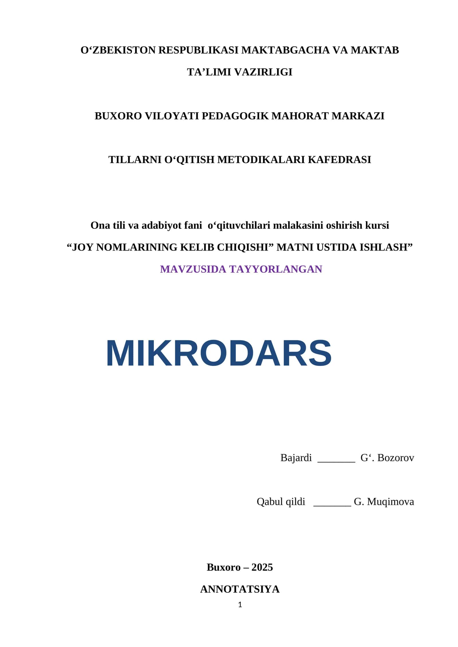 “JOY NOMLARINING KELIB CHIQISHI” MATNI USTIDA ISHLASH MIKRODARS 1