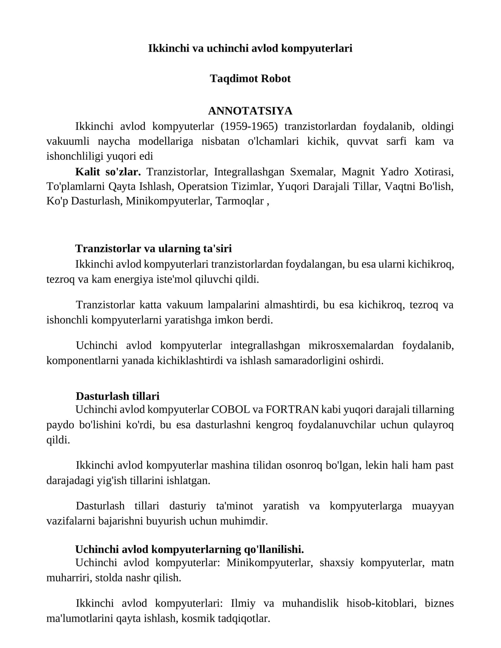 Ikkinchi va uchinchi avlod kompyuterlari 1