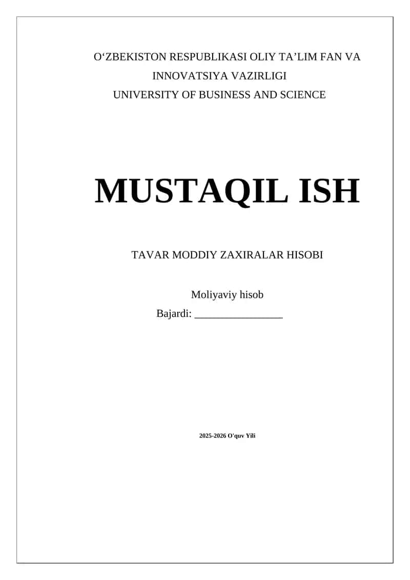 Tavar Moddiy Zaxiralar Hisobi 1