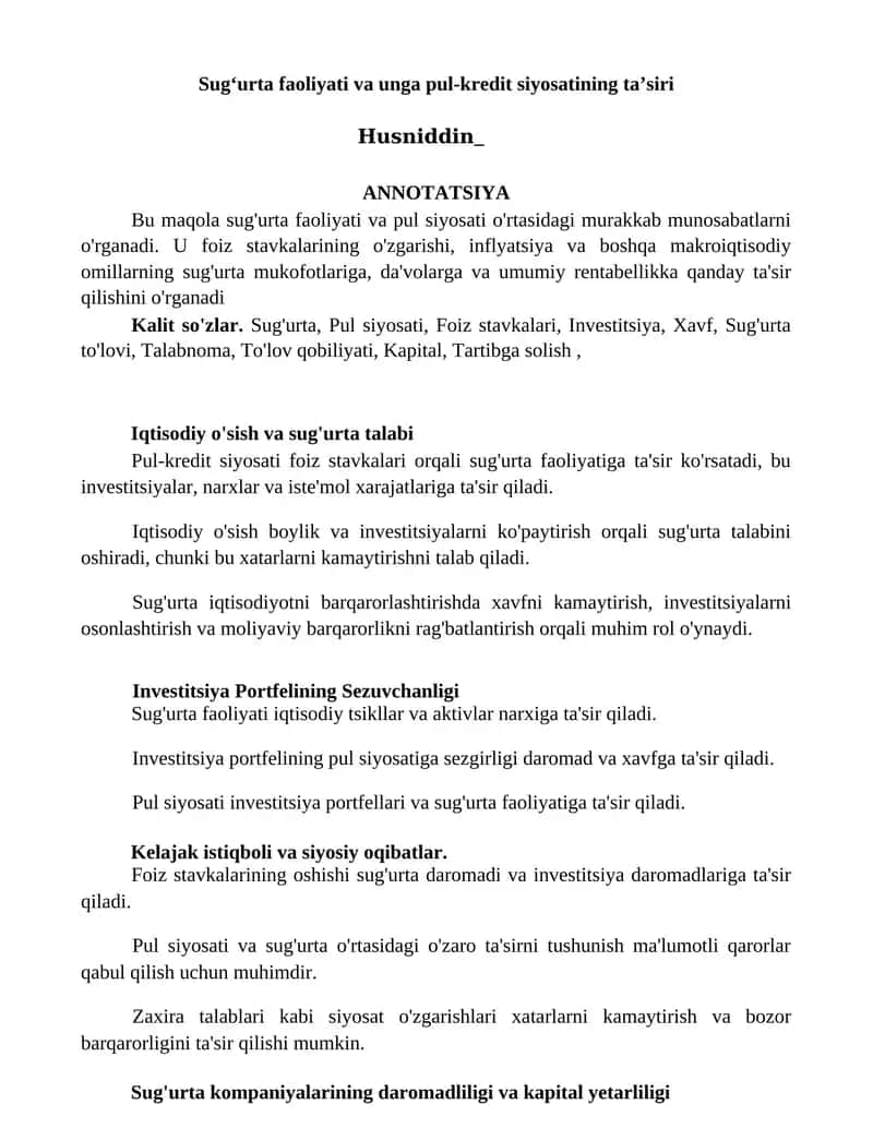 Sugʻurta faoliyati va unga pul-kredit siyosatining taʼsiri 1