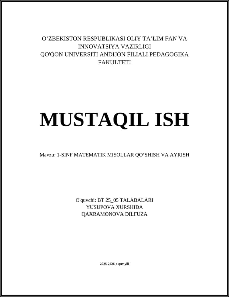 1-SINF MATEMATIK MISOLLAR QO‘SHISH VA AYRISH 1
