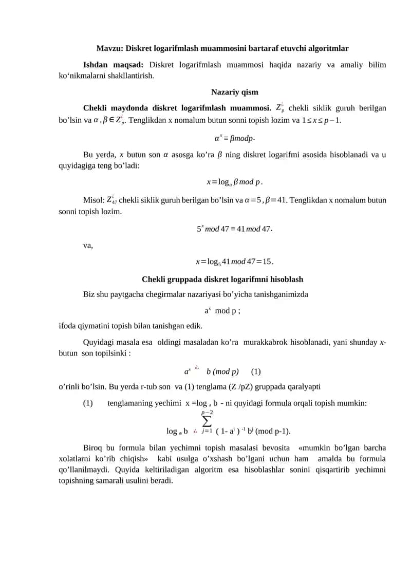 Diskret logarifmlash muammosini bartaraf etuvchi algoritmlar 1