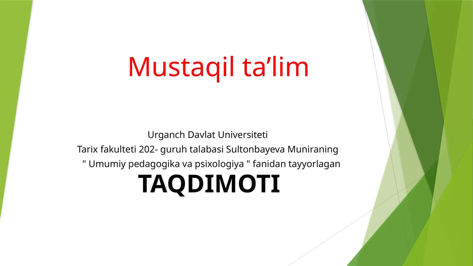 Umumi y pedagogika va psixologiya fanidan tayyorlagan taqdimot 1