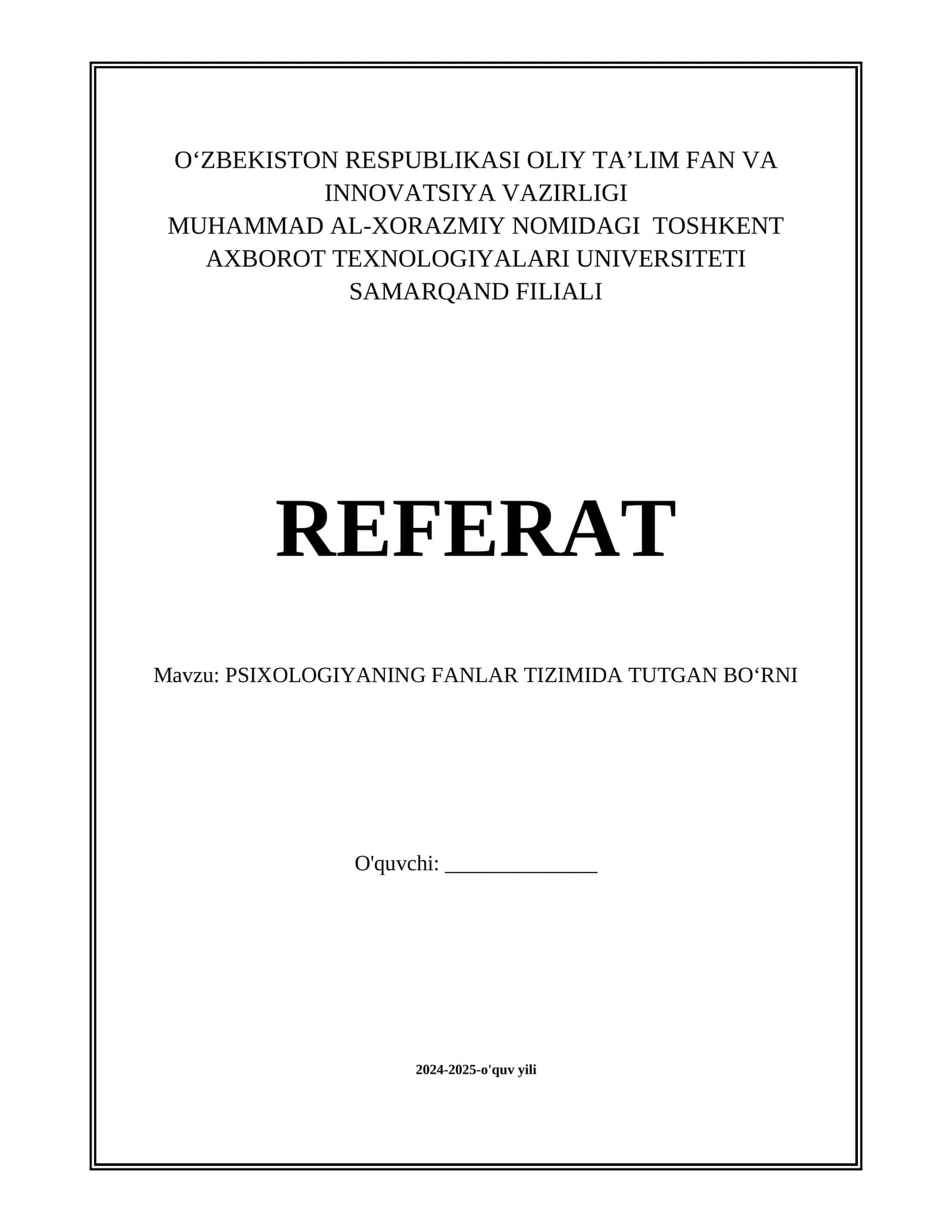PSIXOLOGIYANING FANLAR TIZIMIDA TUTGAN BOʻRNI 1