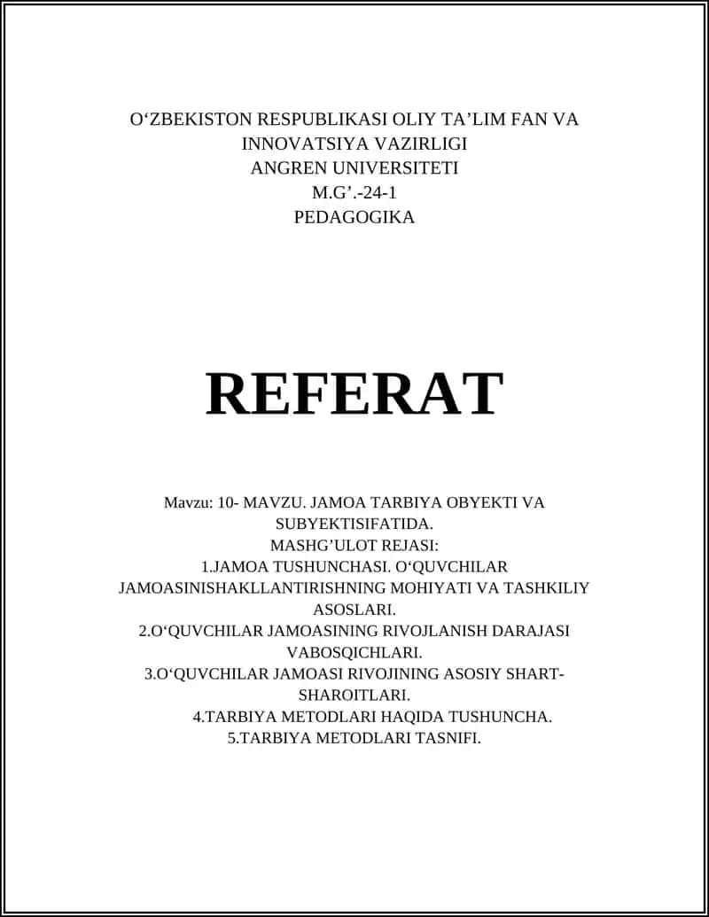 JAMOA TARBIYA OBYEKTI VA SUBYEKTISIFATIDA 1