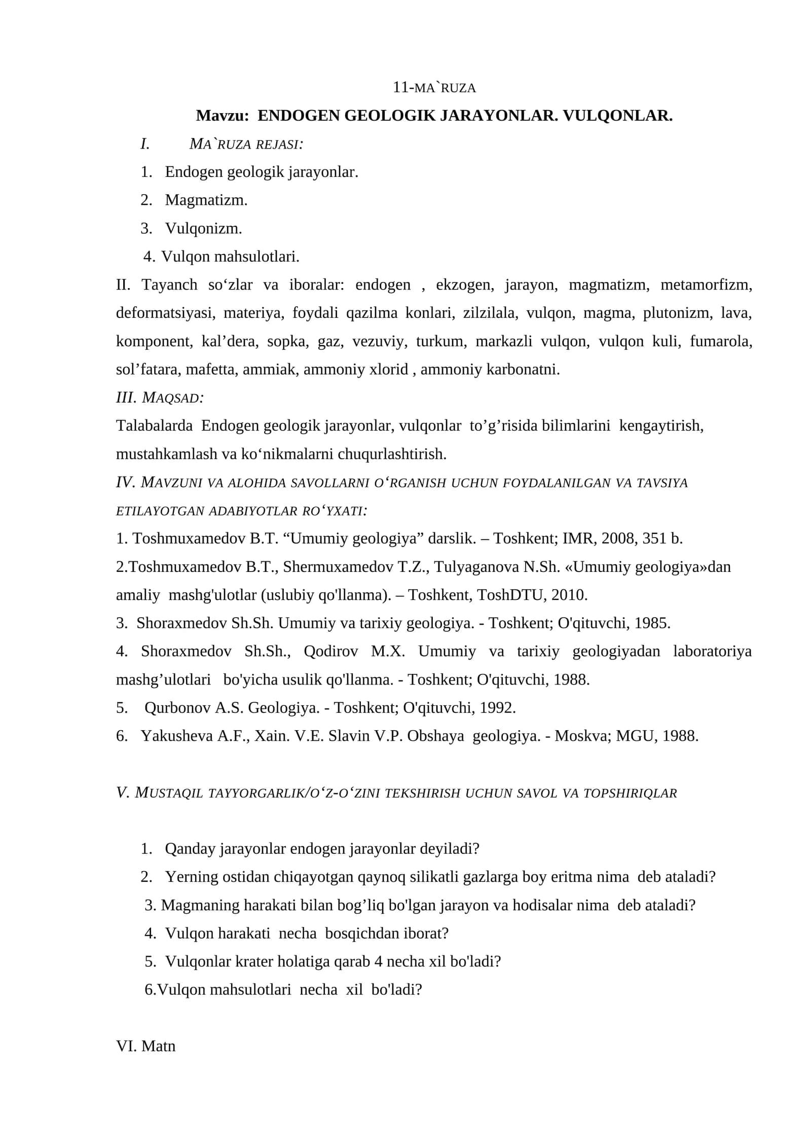 Endogen geologik jarayonlar. VULQONLAR 1