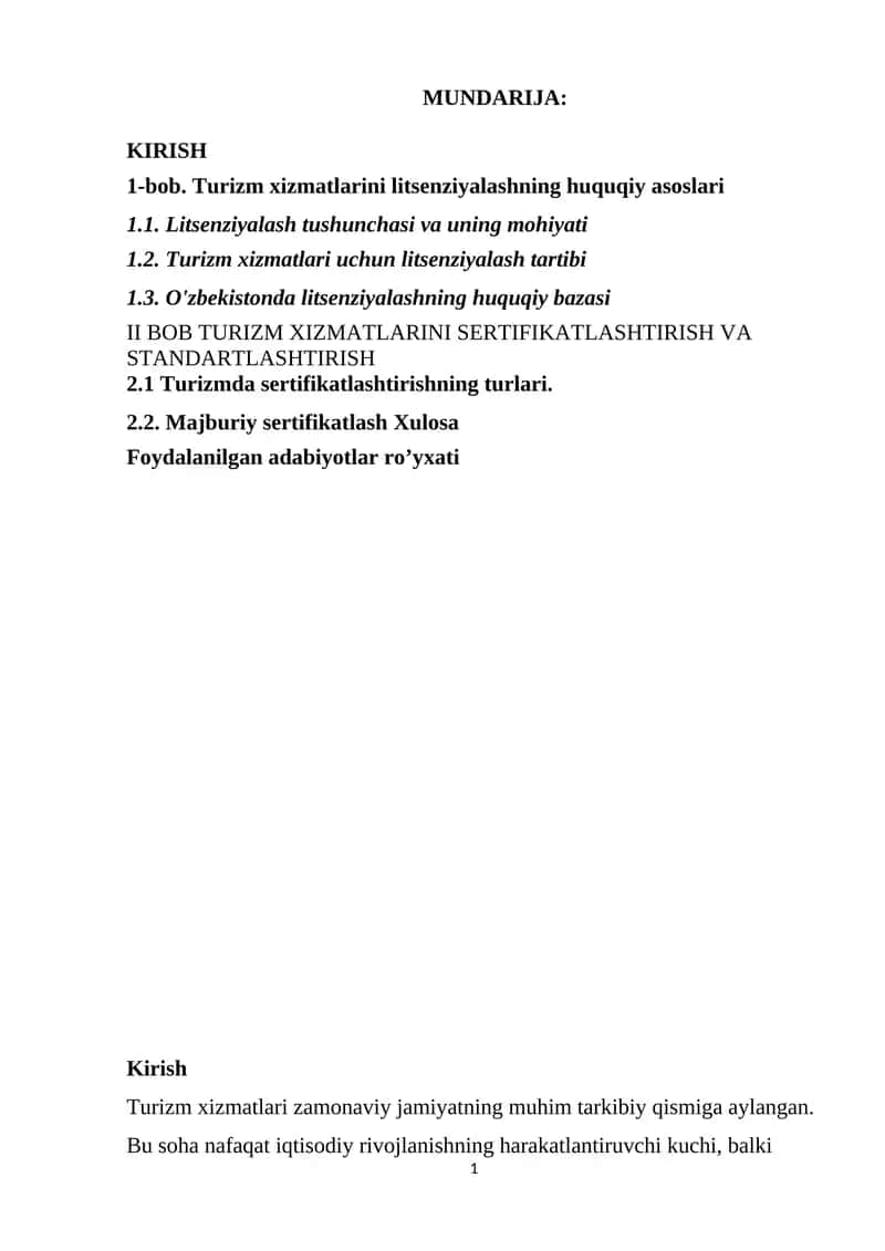 Turizm xizmatlarini litsenziyalashning huquqiy asoslari 1