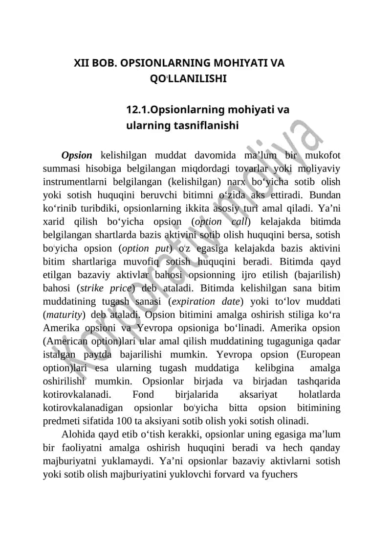 OPSIONLARNING MOHIYATI VA QOʻLLANILISHI 1