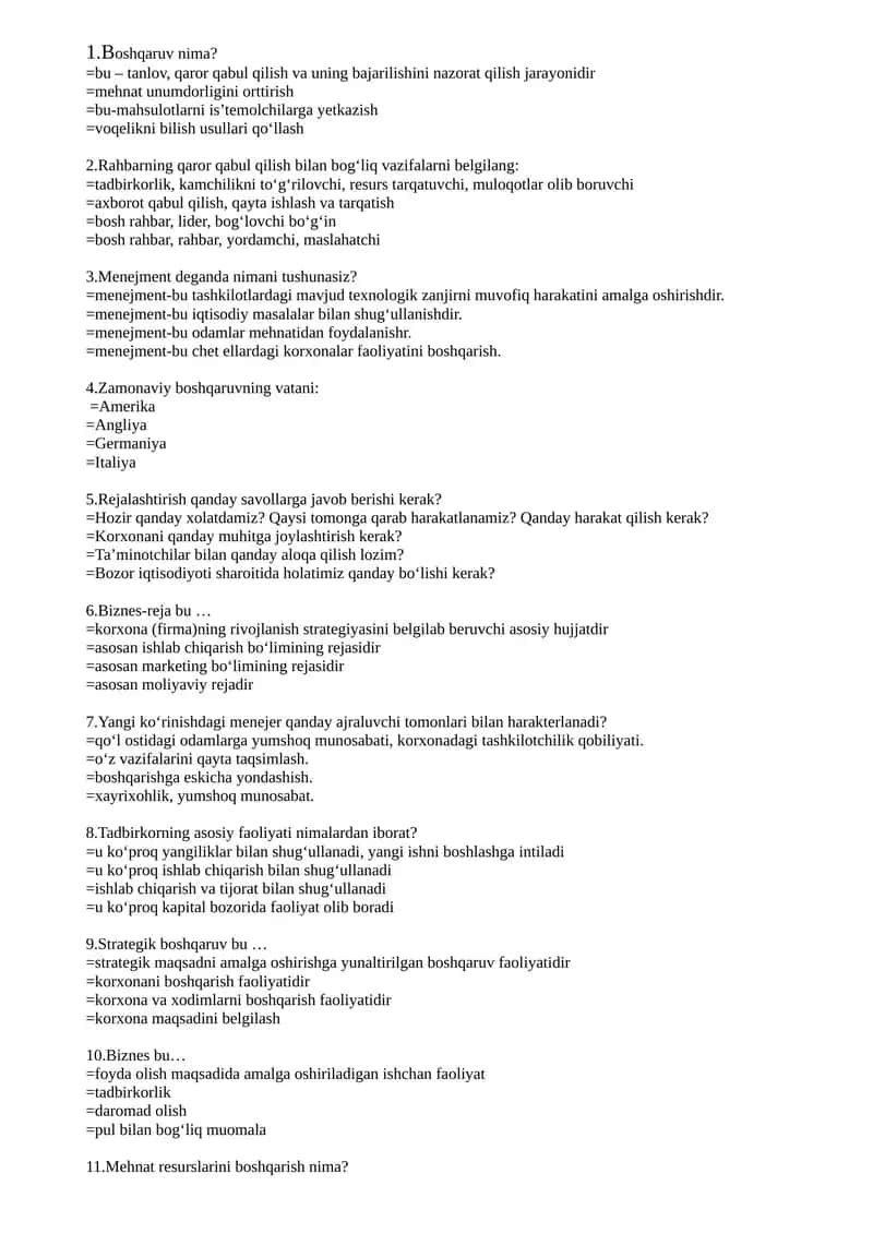Boshqaruv va Menejment asoslari bo'yicha test savollari 1