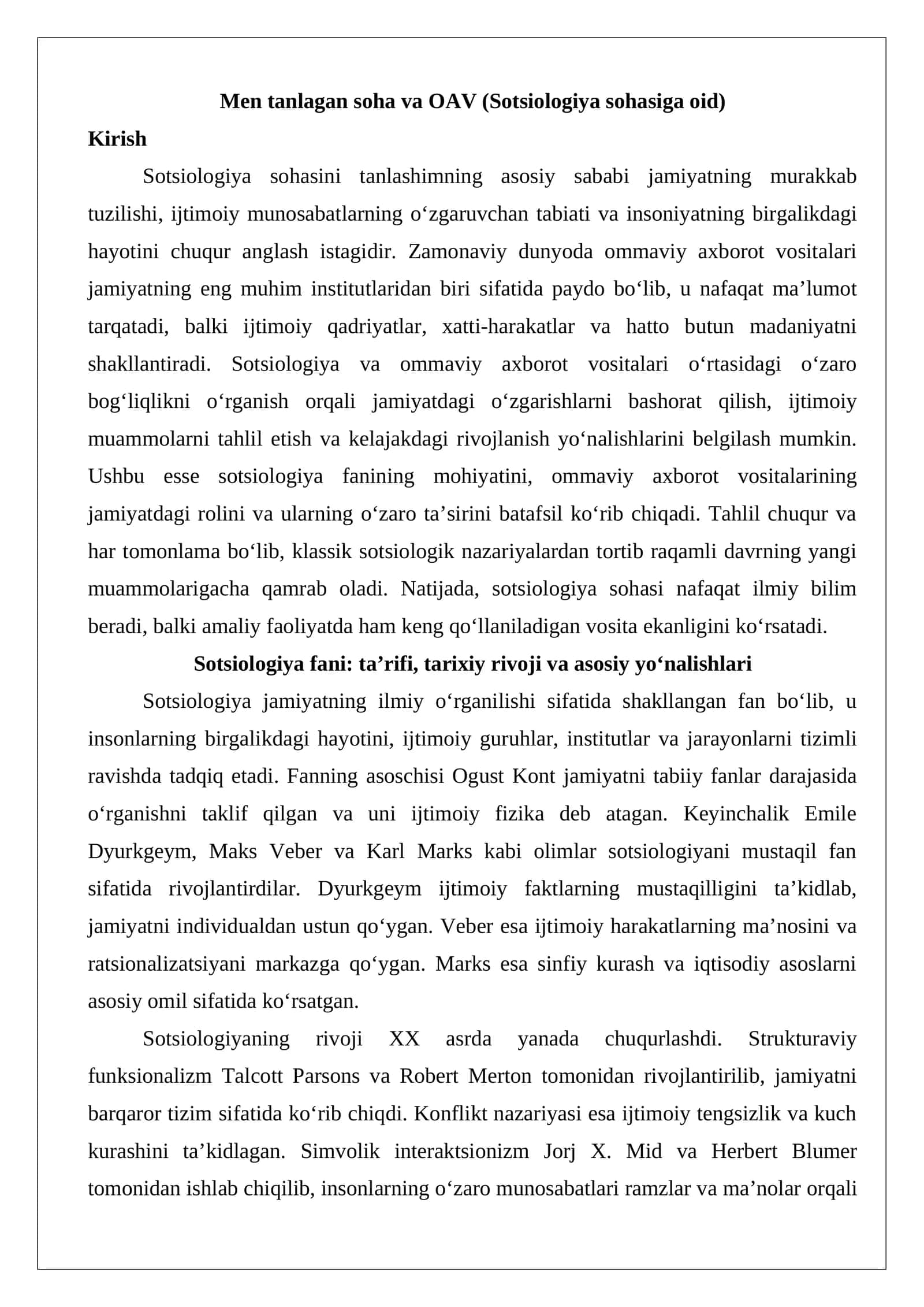Men tanlagan soha va OAV (Sotsiologiya sohasiga oid). 1
