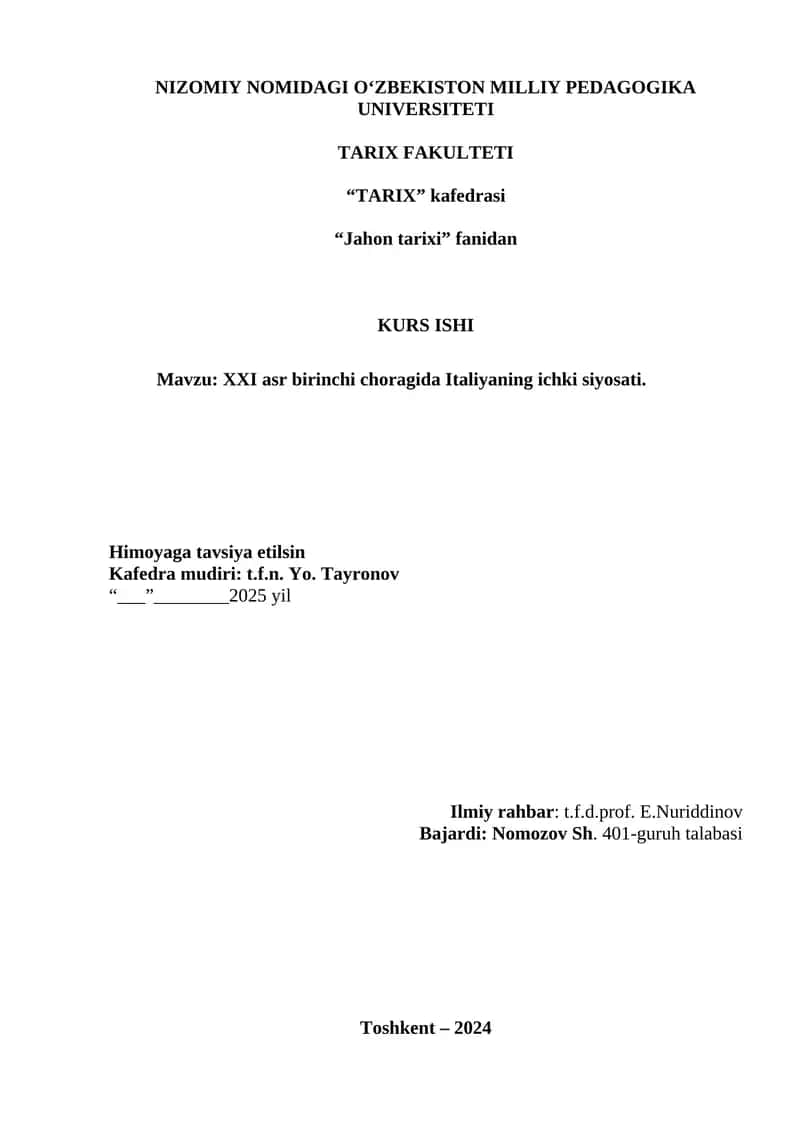 XXI asr birinchi choragida Italiyaning ichki siyosati 1