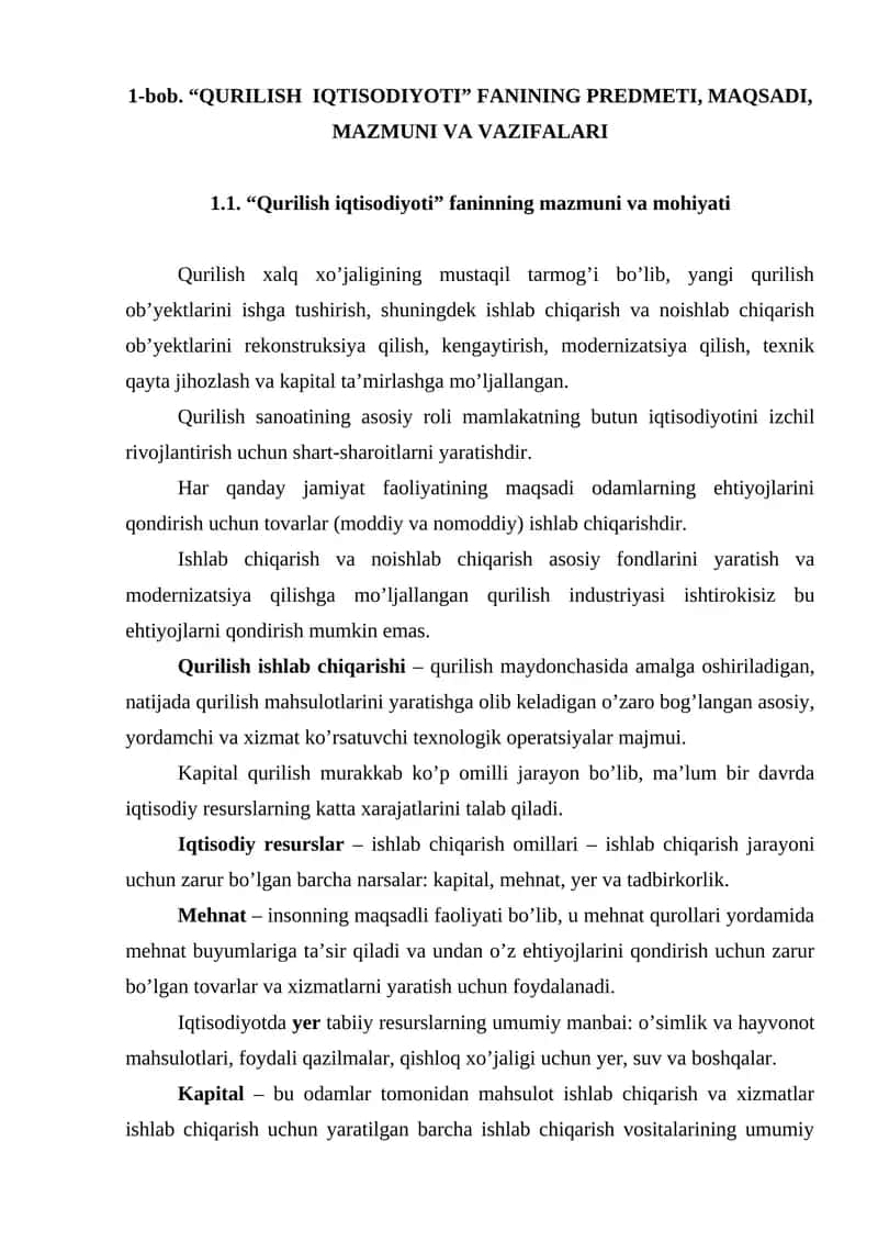 Qurilish iqtisodiyoti 1