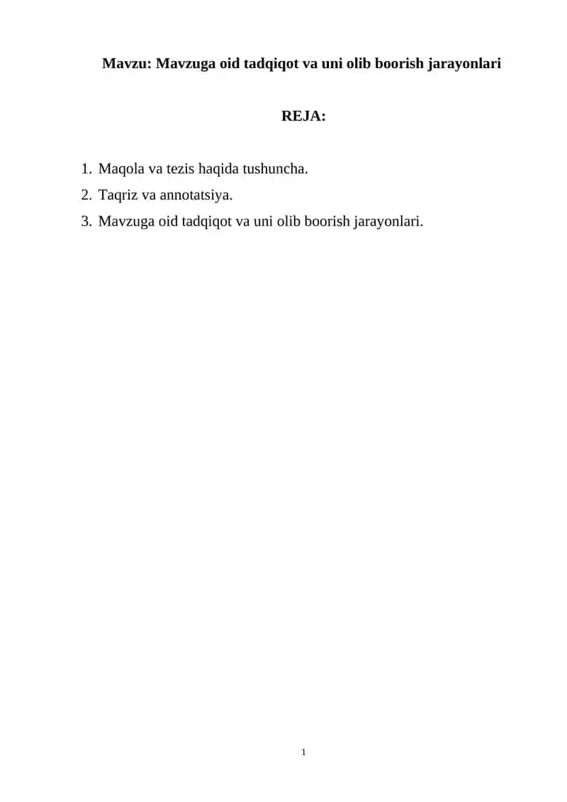 Mavzuga oid tadqiqot va uni olib boorish jarayonlari