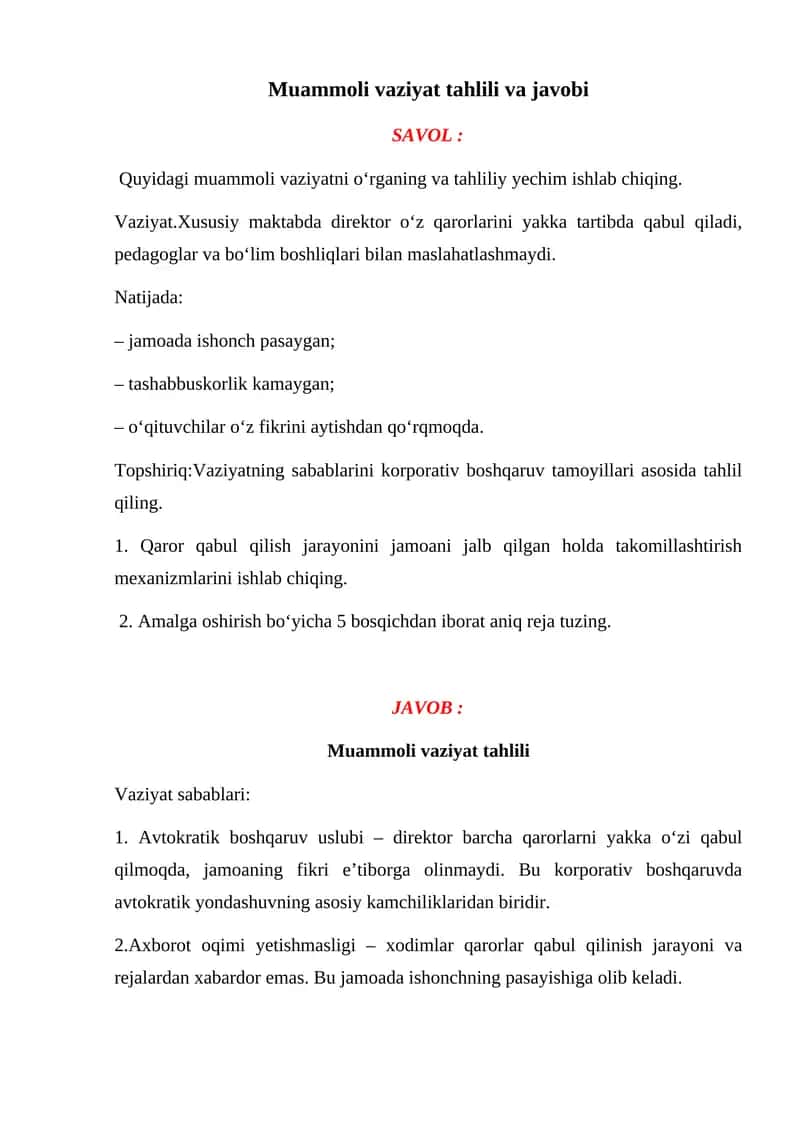 Muammoli vaziyat tahlili va javobi 1