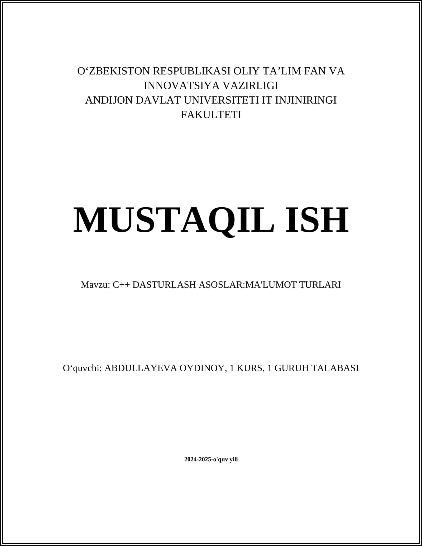 C++ DASTURLASH ASOSLAR:MA'LUMOT TURLARI 1