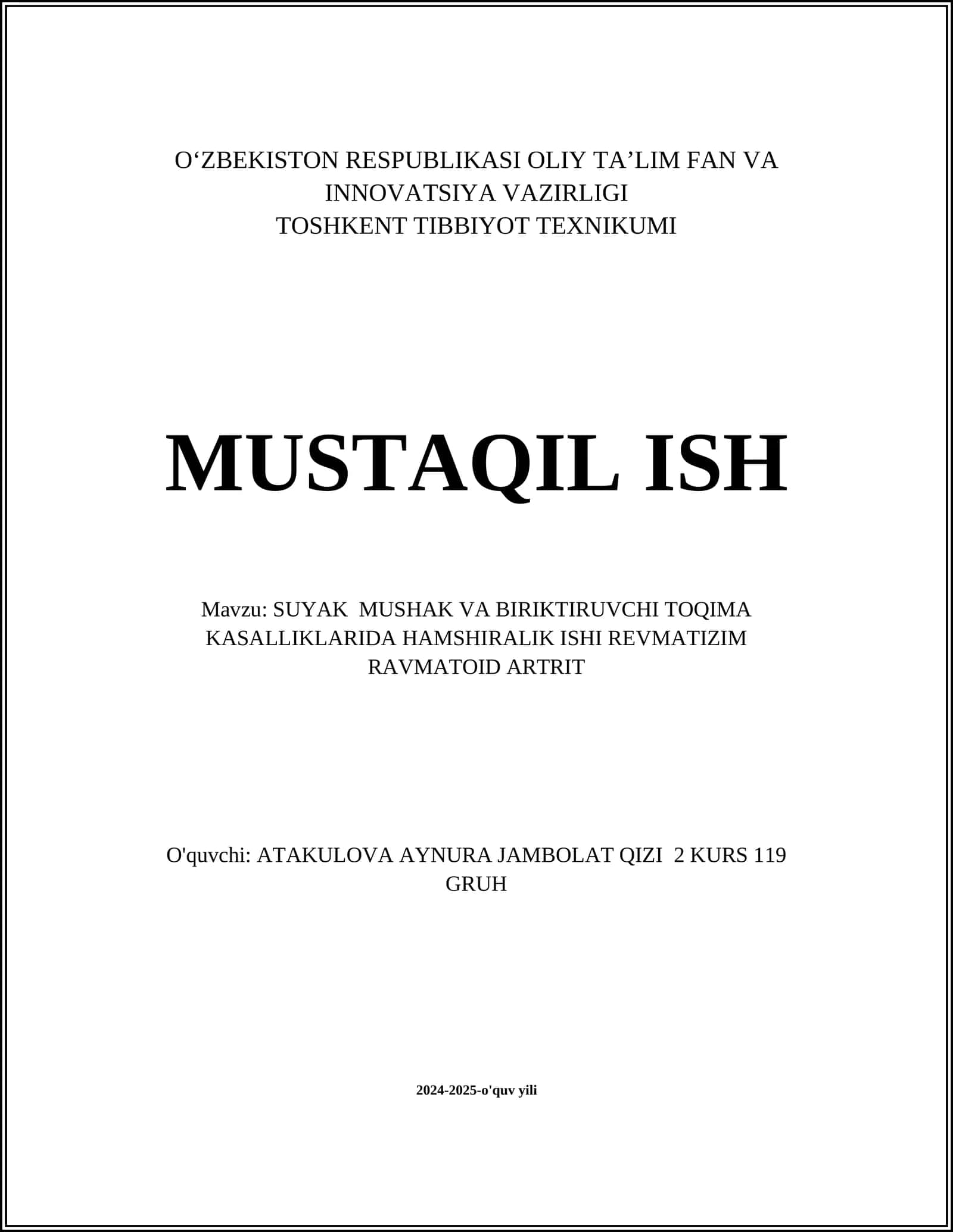 SUYAK MUSHAK VA BIRIKTIRUVCHI TOQIMA KASALLIKLARIDA HAMSHIRALIK ISHI REVMATIZIM RAVMATOID ARTRIT 1