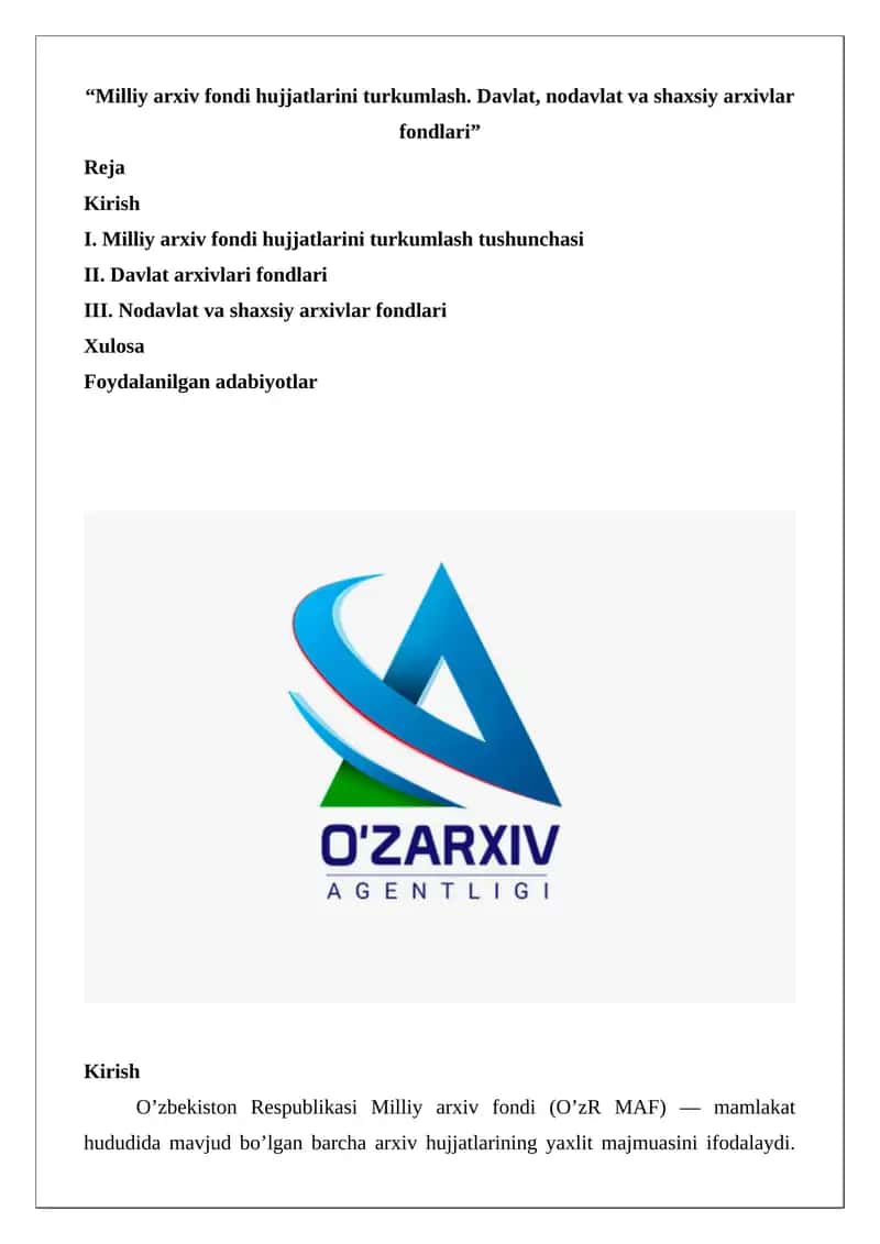 Milliy arxiv fondi hujjatlarini turkumlash 1