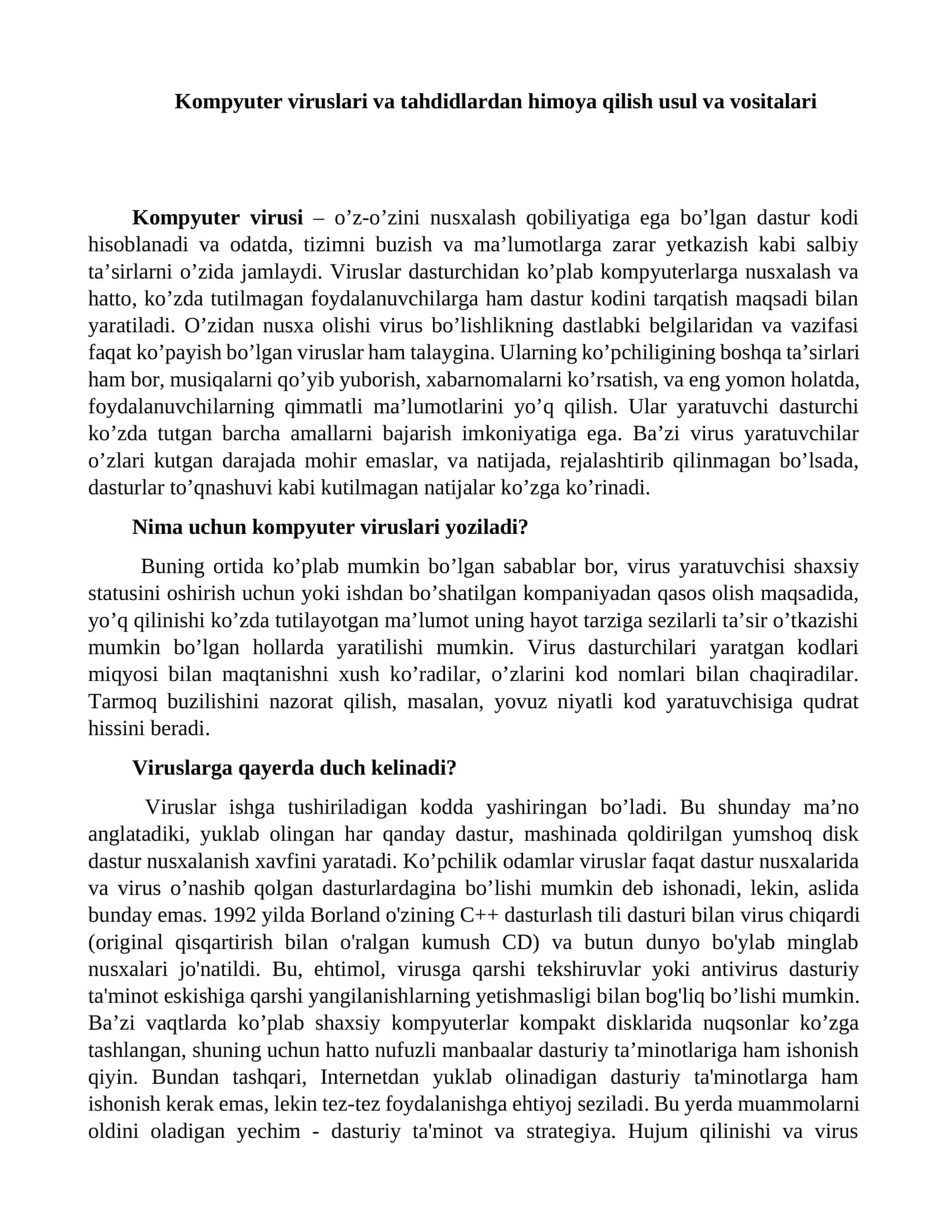 Kompyuter viruslari va tahdidlardan himoya qilish usul va vositalari 1