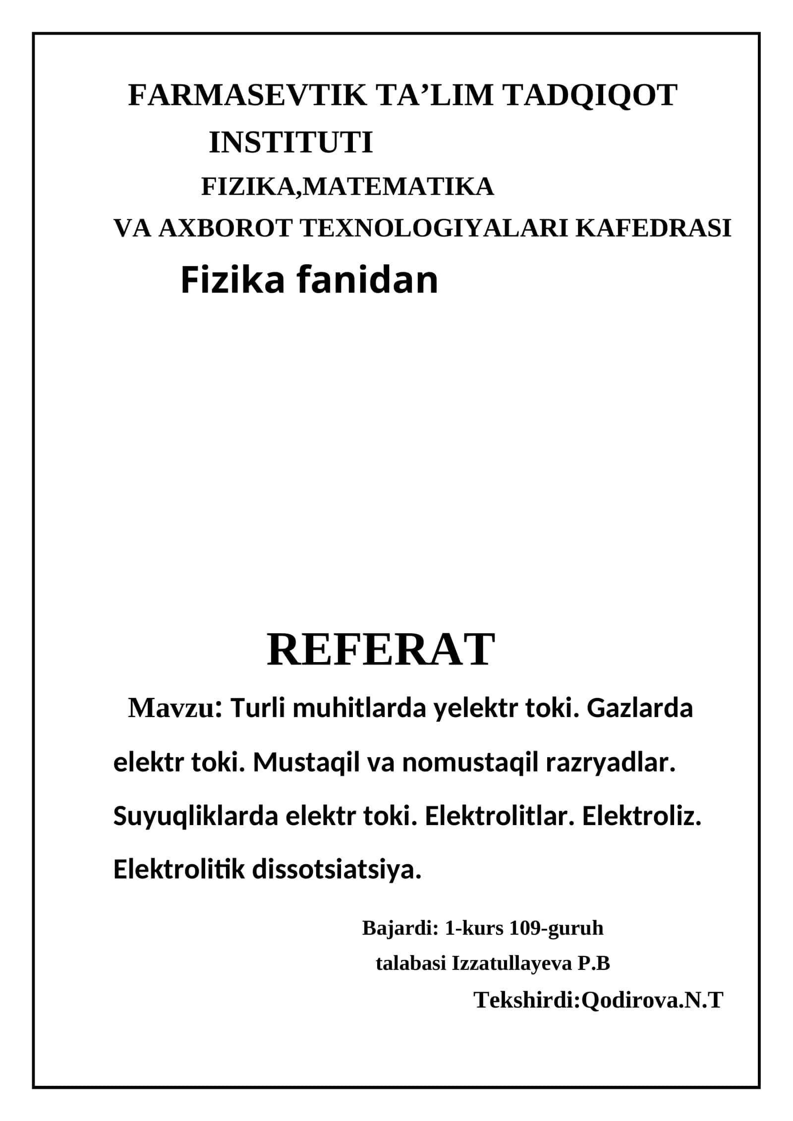 Fizika fanidan Referat 1