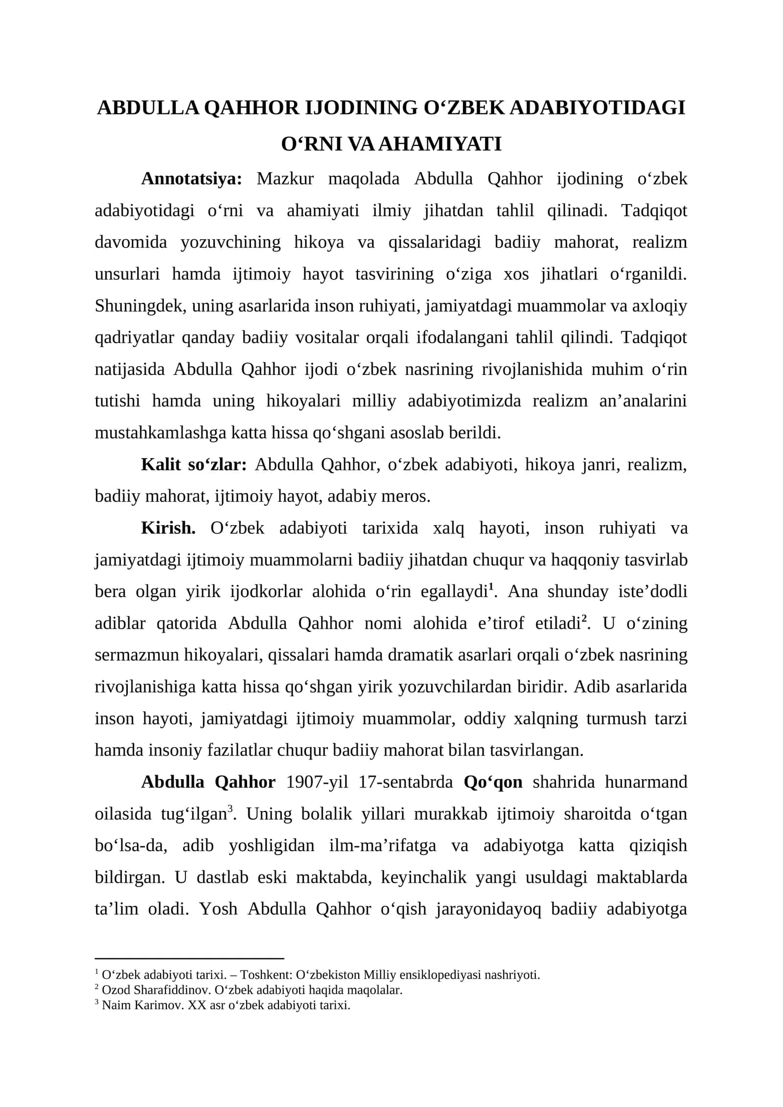 ABDULLA QAHHOR IJODINING O‘ZBEK ADABIYOTIDAGI O‘RNI VA AHAMIYATI 1