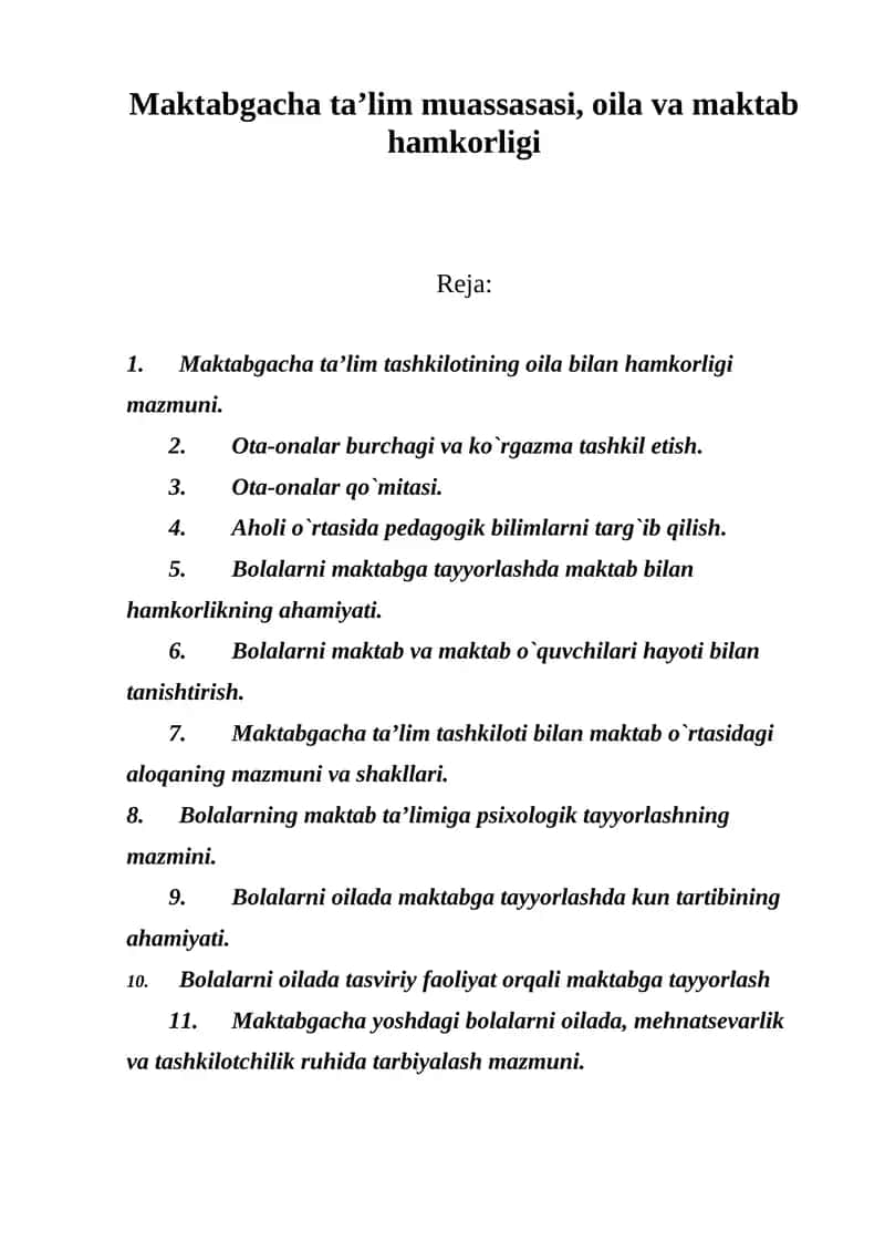 Maktabgacha ta’lim muassasasi, oila va maktab hamkorligi. 1