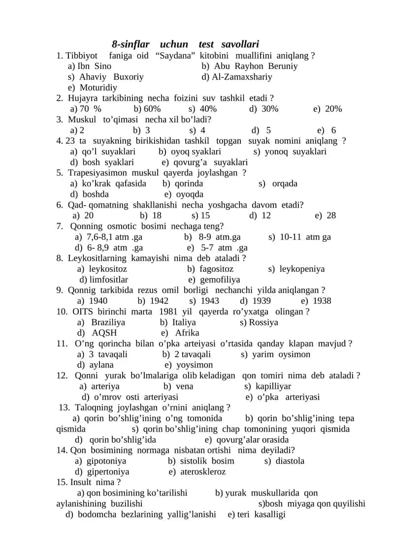 8-sinflar uchun test savollari 1