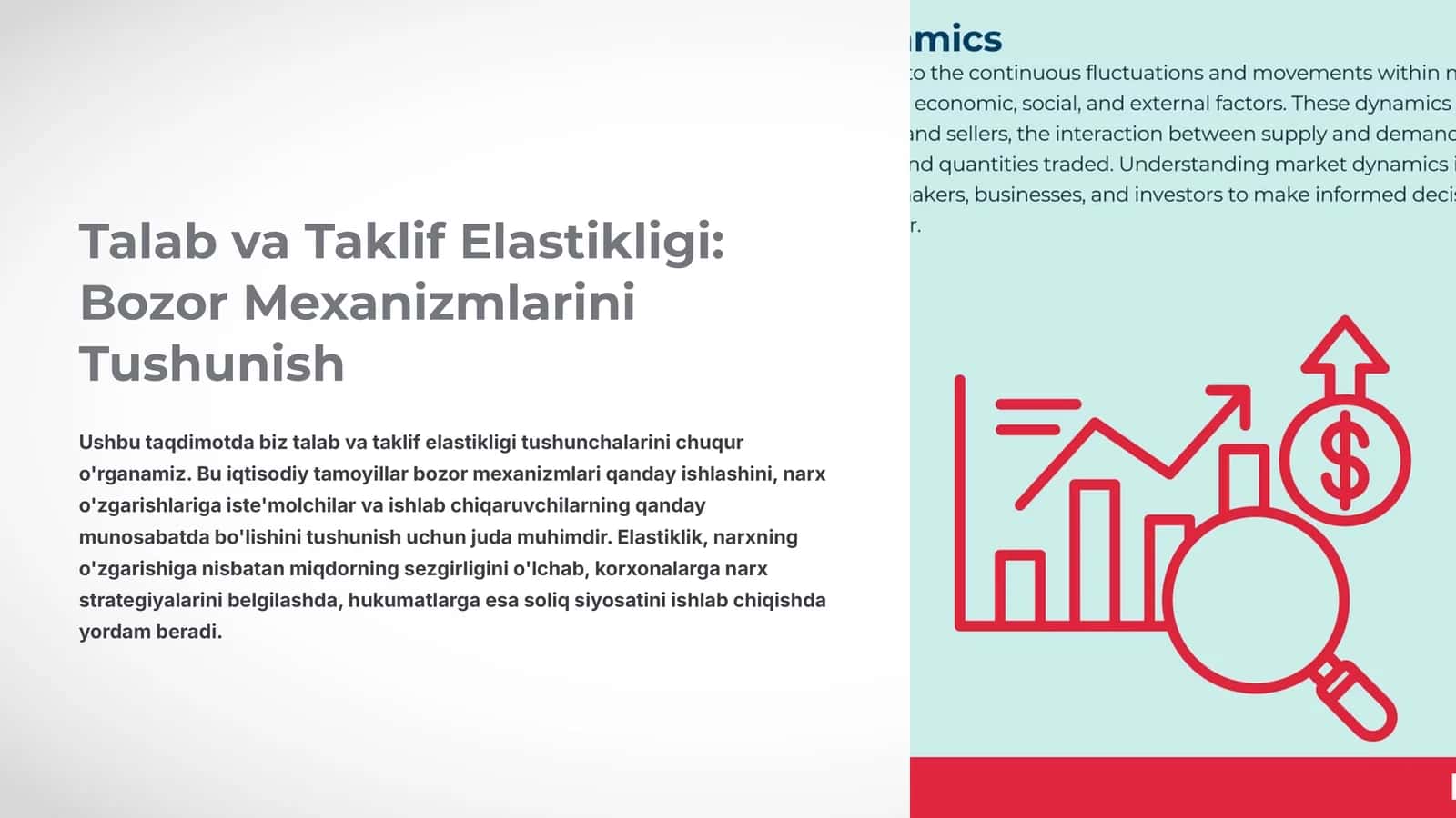 Talab va taklif elastikligi: Bozor mexanizmlarini tushunish ppt 1