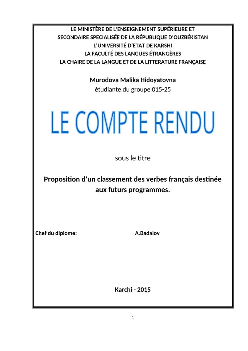 Proposition d'un classement des verbes français destinée aux futurs programmes 1