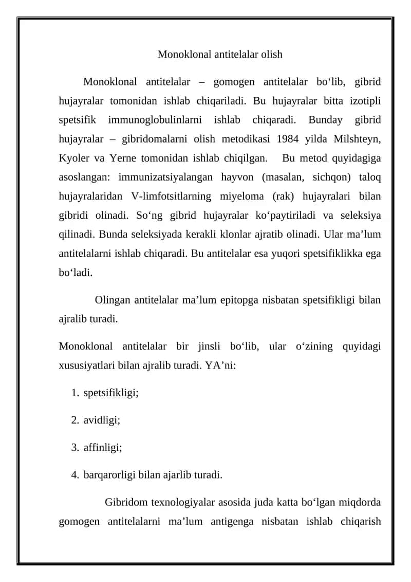 Monoklonal antitelalar olish 1