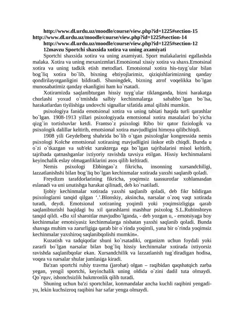 Sportchi shaxsida xotira va uning axamiyati
