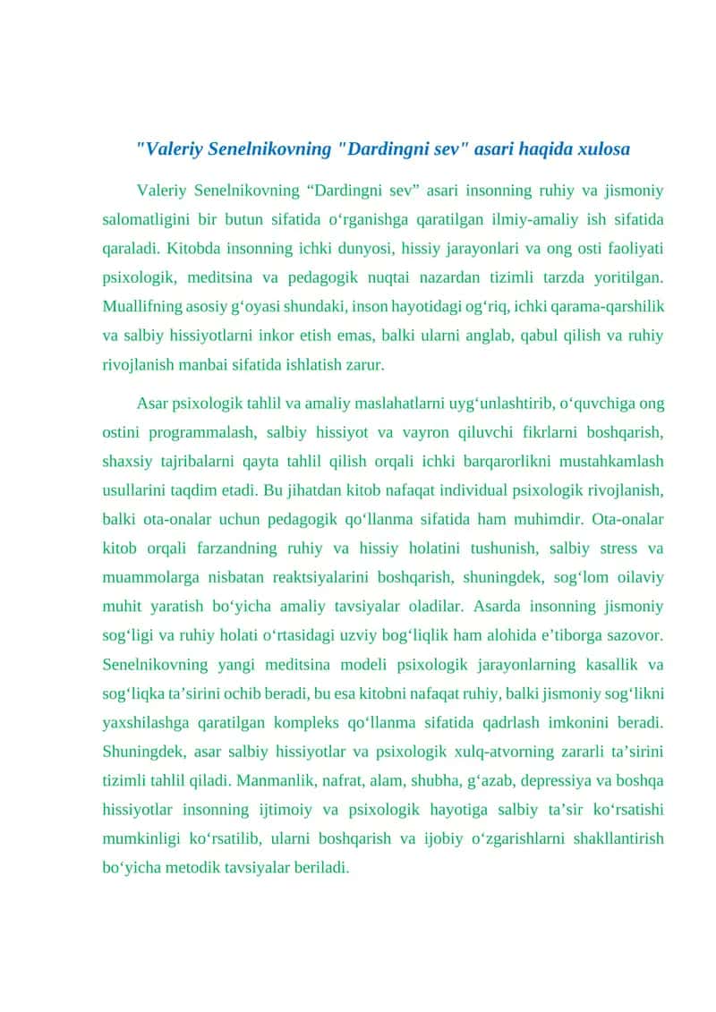 "Valeriy Senelnikovning "Dardingni sev" asari haqida xulosa 1