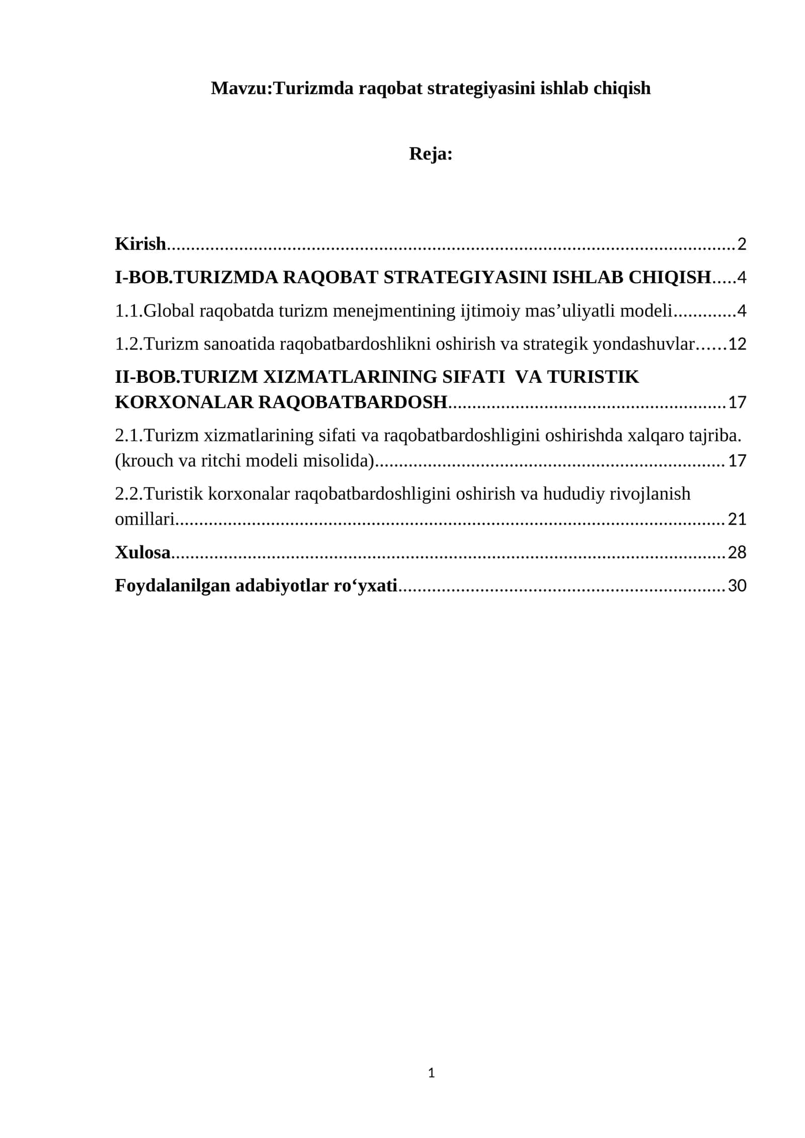 Turizmda raqobat strategiyasini ishlab chiqish 1