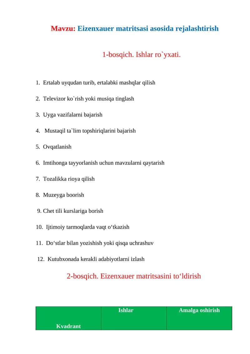 Eizenxauer matritsasi asosida rejalashtirish 1