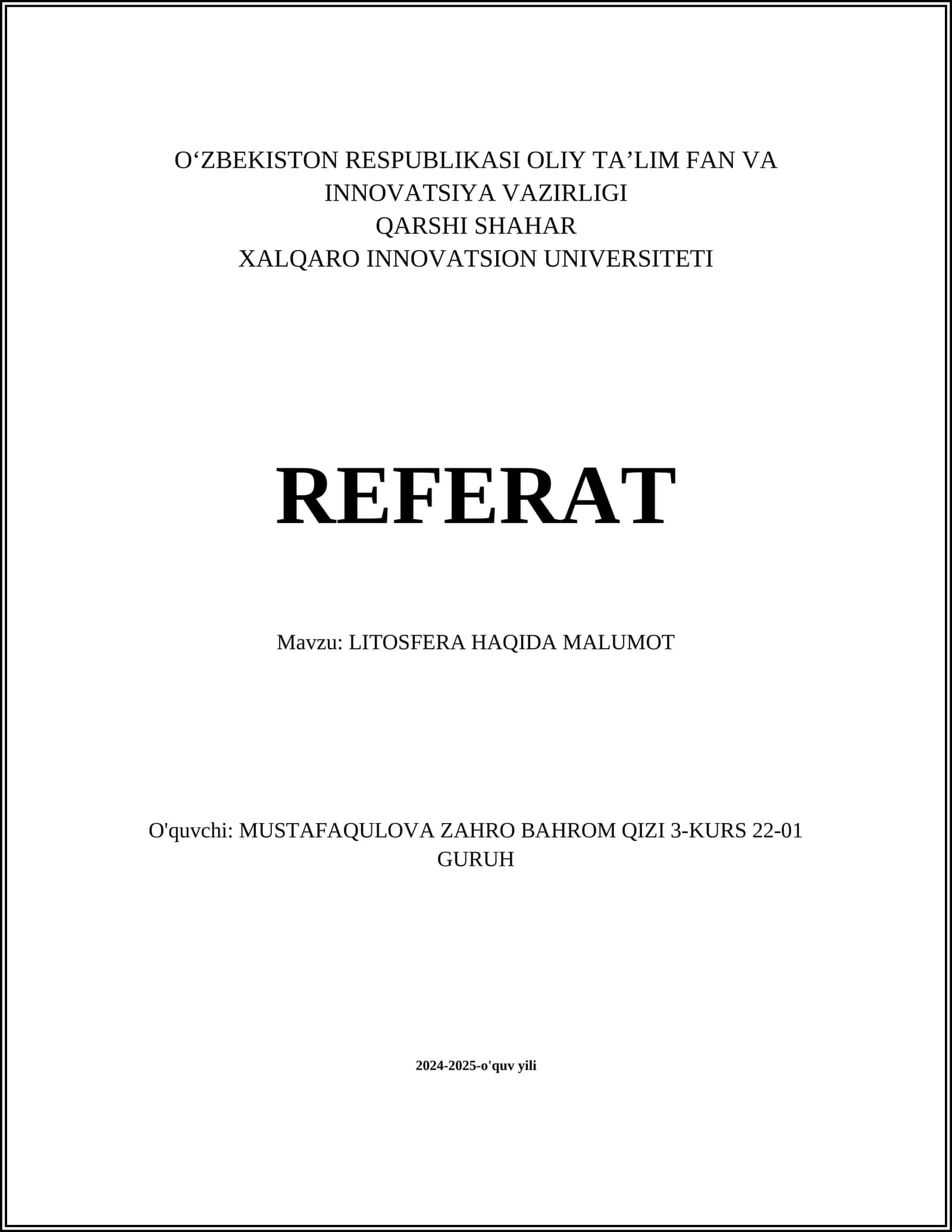 LITOSFERA HAQIDA MALUMOT 1
