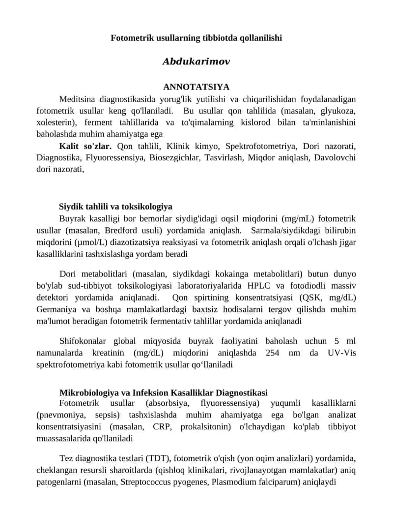 Fotometrik usullarning tibbiotda qollanilishi 1