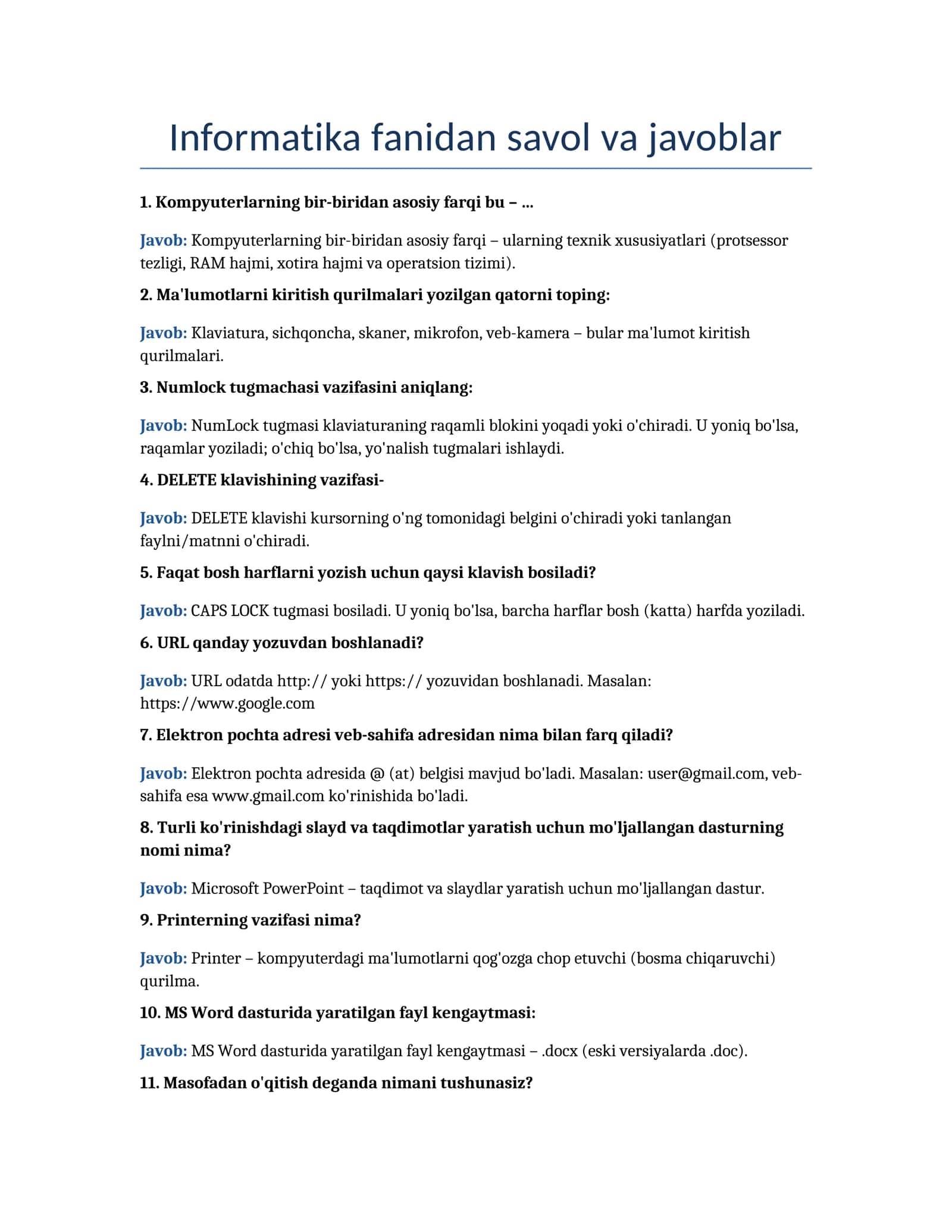 Informatika fanidan savol va javoblar 1
