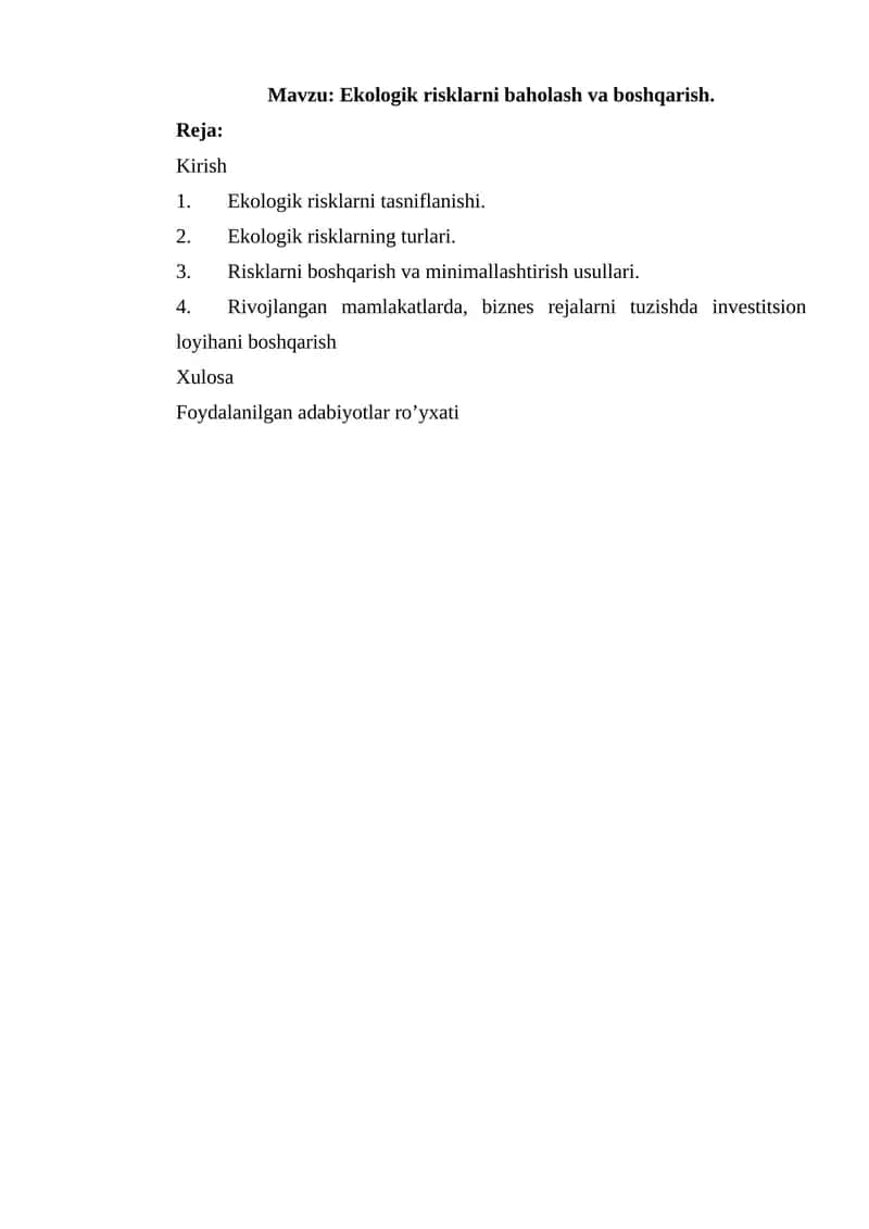 Ekologik risklarni baholash va boshqarish 1