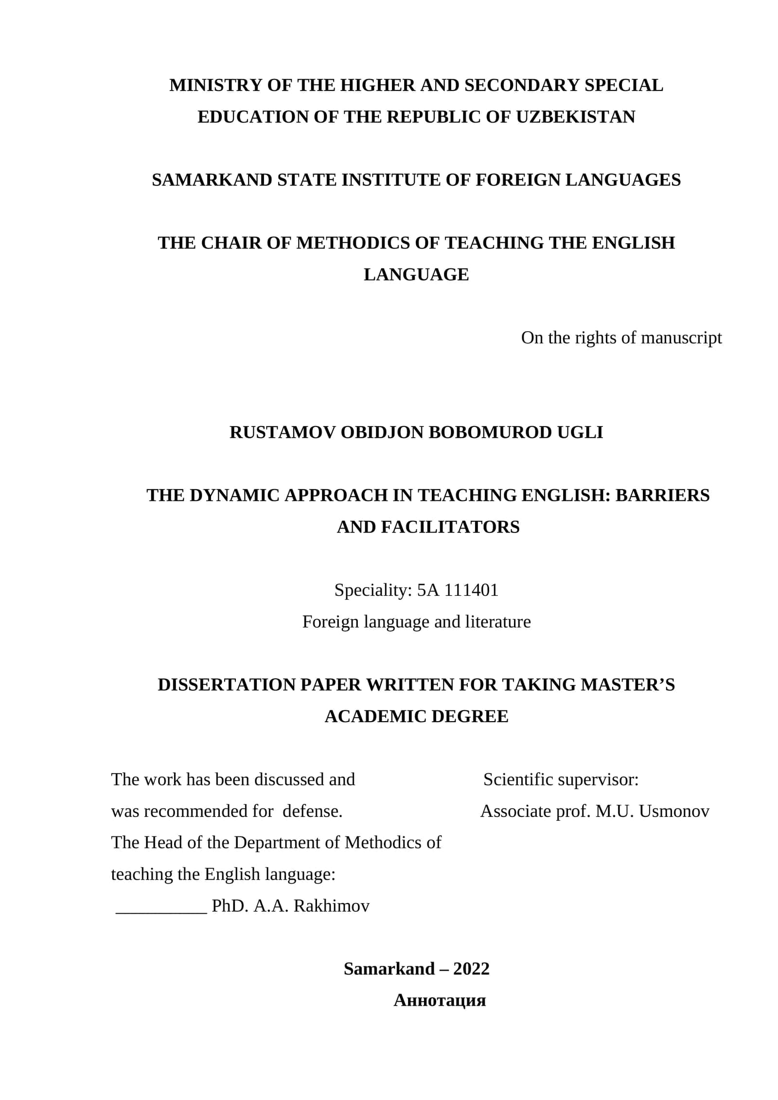 The dynamic approach in teaching English: barriers and facilitators 1