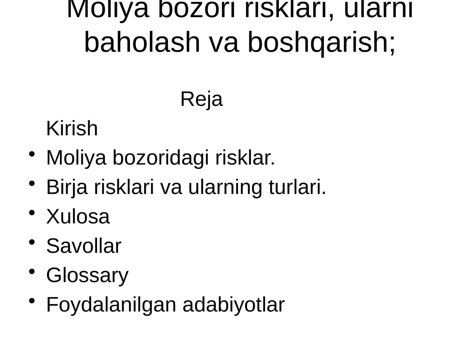 Moliya bozori risklari, ularni baholash va boshqarish 1