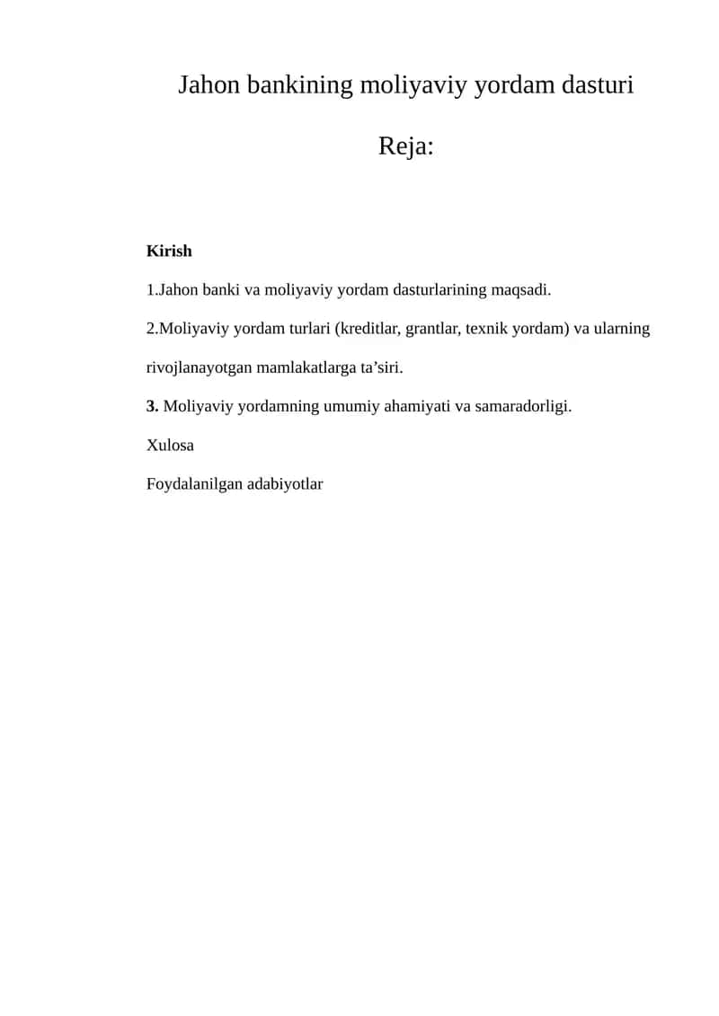 Jahon bankining moliyaviy yordam dasturi 1