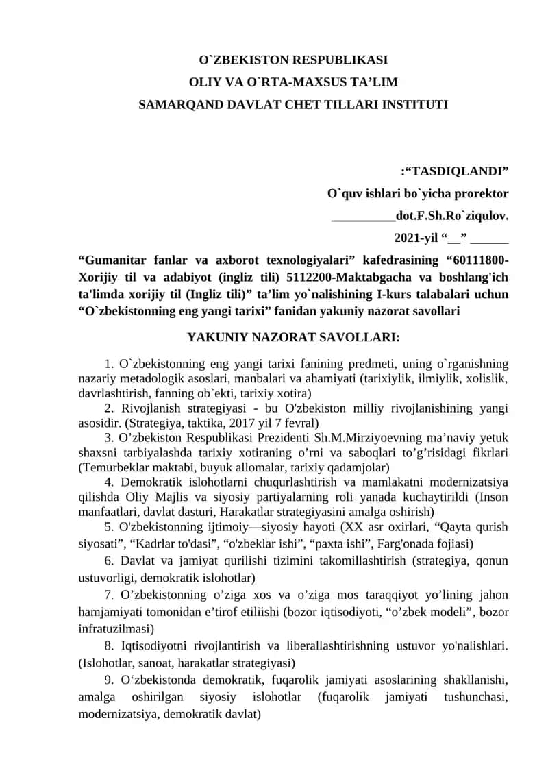 O`zbekistonning eng yangi tarixi fanidan yakuniy nazorat savollari 1
