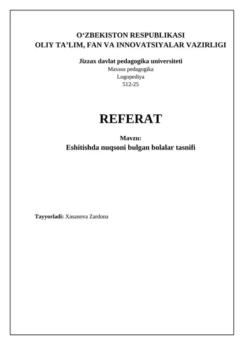 Eshitishda nuqsoni bulgan bolalar tasnifi