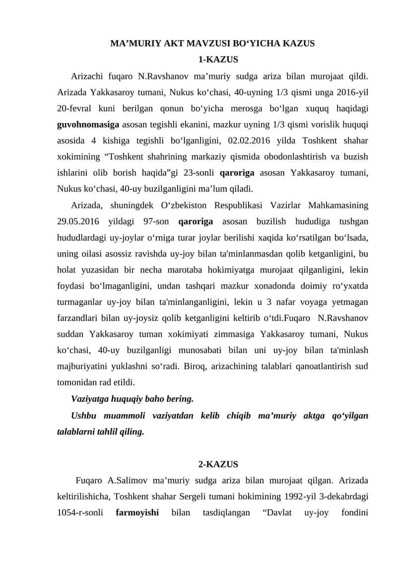 MA’MURIY AKT MAVZUSI BO‘YICHA KAZUS 1