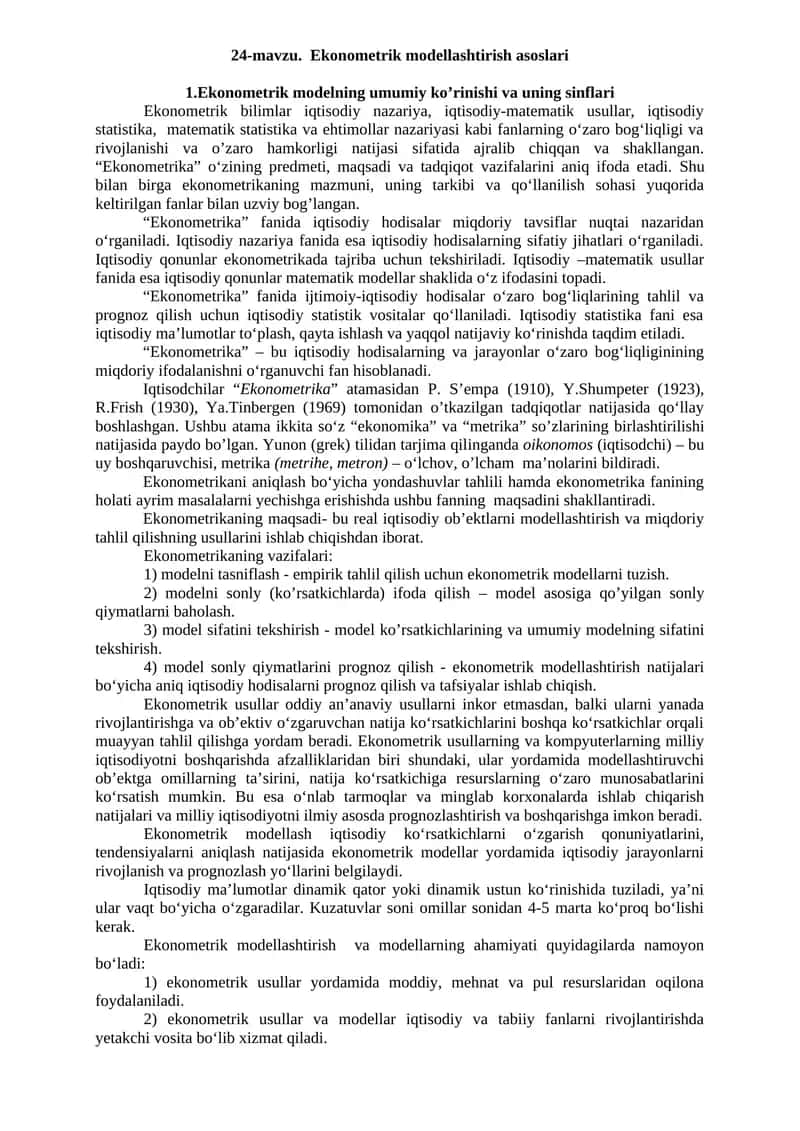 Ekonometrik modellashtirish asoslari 1