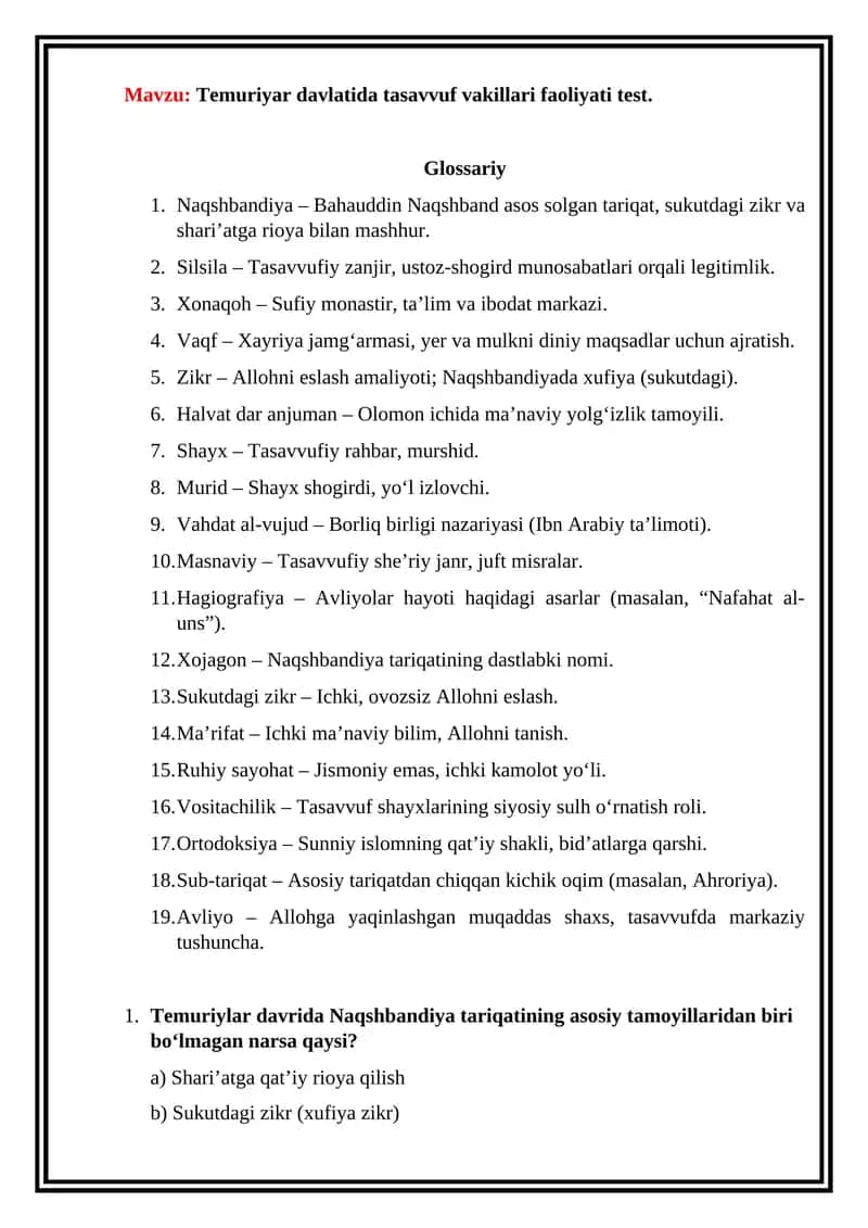 Temuriyar davlatida tasavvuf vakillari faoliyati test 1